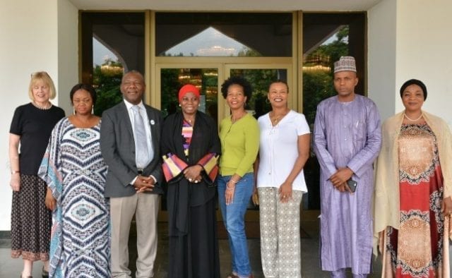 Dr. Hajo Sani (4th left), Prof. Ernest Uwazie (3rd left), DG African First Ladies Peace Mission, Mrs. Beatrice Bassey (2nd left), Robin Carter, Marlyn Jones (3rd, 4th right), Betsy Kimball (1st left) all of CSUS. Hadi Uba Special Assistant to the President and Hadiza Abba, an aide to the wife of the President