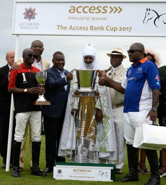 Emir of Kano Mohammed Sanusi II middle joined by the winning teams at the 2017 Access Bank polo challenge in Windsor UK