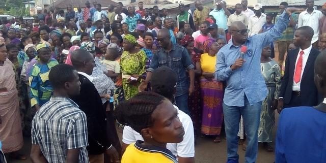 Governor Ayodele Fayose during the distribution of Rice and Stipends as part of stomach Infrastructure of his government at Ikere Ekiti on Monday