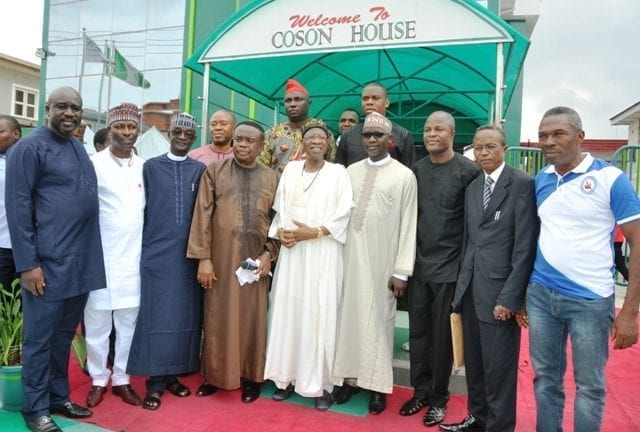 Minister of Information and Culture Alhaji Lai Mohammed in a group picture with dignitaries during his visit to COSON House in Lagos on Saturday