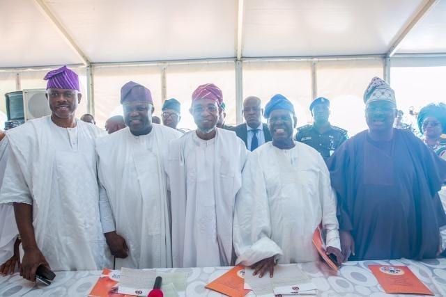 Musiliu Obanikoro Osun State Governor Rauf Aregbesola Oyo State Governor Abiola Ajimobi Chief Bisi Akanda and Lagos State Governor Akinwumi Ambode