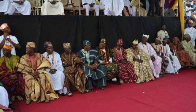 A cross section of baales in Ibadanland who were elevated to obas by the Governor, Senator Abiola Ajimobi, during the presentation of their staff of office and certificates, at Mapo Hall, Ibadan