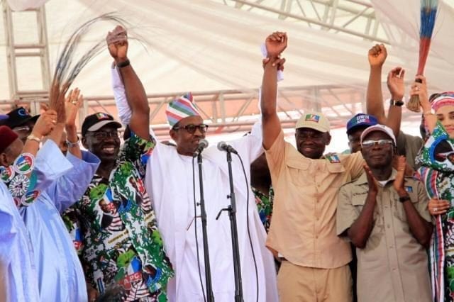APC Mega Rally for 2016 Governorship Election In Benin, Edo State featuring Muhammadu Buhari, Adams Oshiomole, Godwin Obaseki (Candidate)