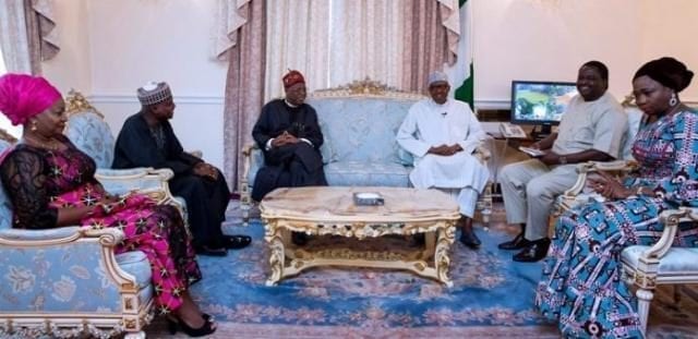 Alhaji Lai Mohammed visit President Muhammadu Buhari in London, accompanied by Mr Femi Adesina and others