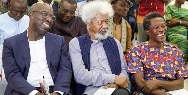 Edo State Governor, Mr. Godwin Obaseki; Nobel Laureate, Professor Wole Soyinka and the Chairman Presidential Advisory Committee Against Corruption (PACAC), Professor Itse Sagay