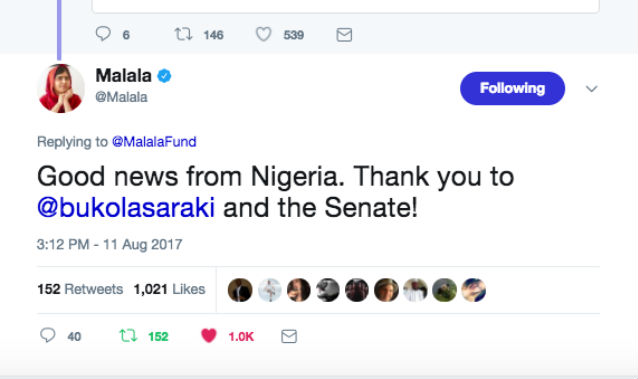 Malala Yousafzai Commends Saraki Senate