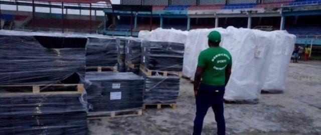Picture of the Final Arrival of Equipment and Materials for the Completion of Enyimba FC Stadium
