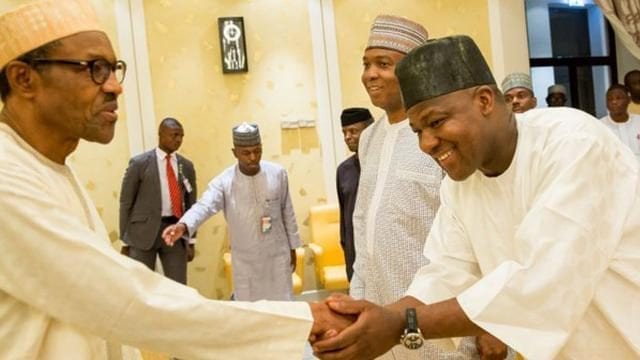 President Muhammadu Buhari, Senator Bukola Saraki and Honourable Yakubu Dogara while visiting Buhari in London, UK