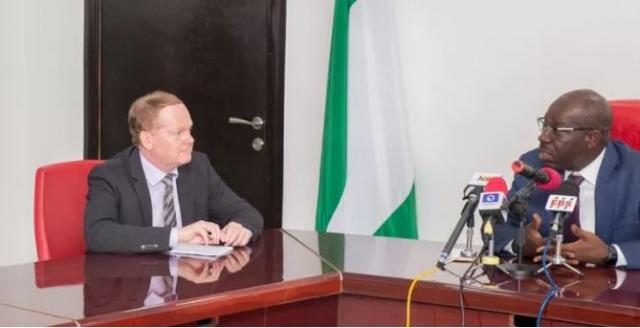 leader of a delegation of the European Union on Niger Delta Support Programme NDSP Mr. Kurt Cornelis with Edo State Governor Godwin Obaseki