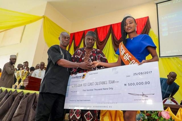 Presentation of N500,000 Cheque to the winner 'Queen of Osun' of the State of Osun Calisthenics Competitions which held in the 9 Federal Constituencies in the state.