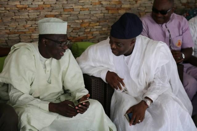 Sen Markafi discusses on the way forward for Ogun PDP with Alhaji Tunji Ishola while Hon Tolu Bankole looks on