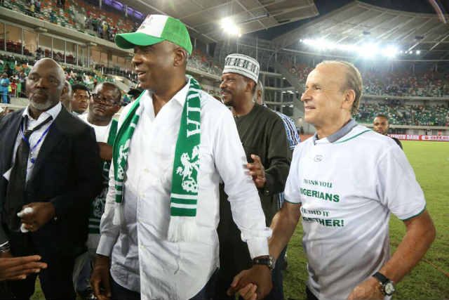 Senator Bukola Saraki and others with the Super Eagles' Coach during Russia 2018 Qualifying Match in Uyo