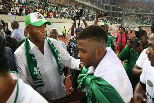 Senator Bukola Saraki congratulates Super Eagles in Uyo