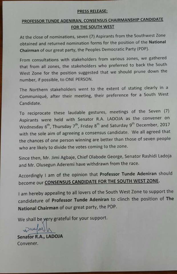 PDP Chairmanship Race: South-West Leaders adopt Prof Adeniran as a Sole Candidate 2 Prof Tunde Adeniran, Consensus Chairmanship Candidate for the South West