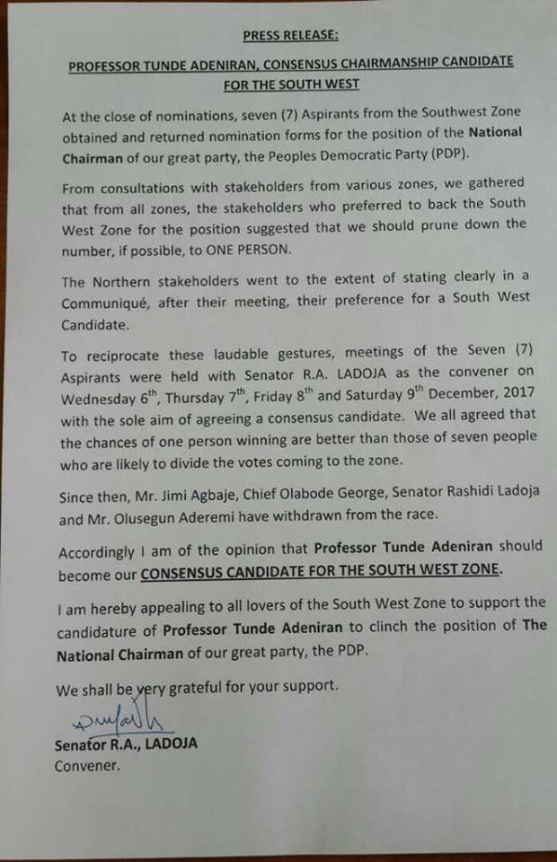 Prof Tunde Adeniran, Consensus Chairmanship Candidate for the South West