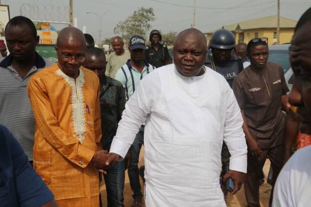 Hon Ladi being welcomed to the venue by the PDP Chairman, Sagamu Local Government, Mr Dauda Adeyemi