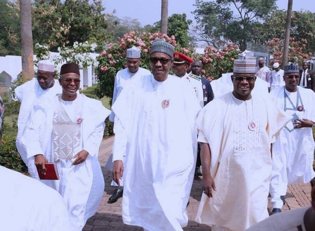 President Muhamaddu Buhari flanked by Gov. Yahaya Bello on (left), Gov. Nasir El Rufai (right)