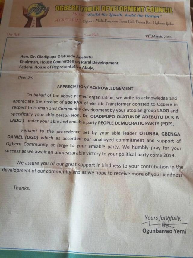Appreciation letter to Hon Ladi Adebutu from the Ogbere Youth Development Council signed by Comrade Yemi Ogunbanwo, Secretary of group