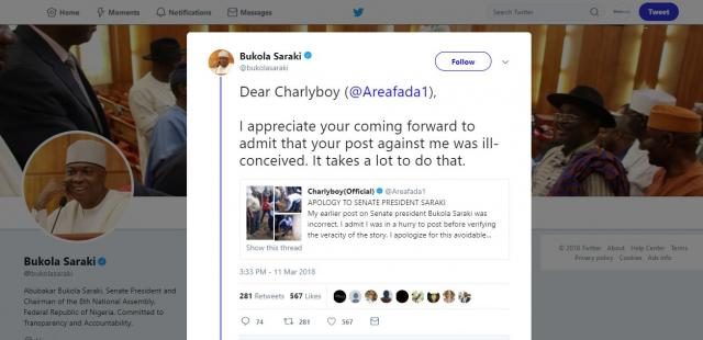 Charlyboy apologises to Senate President Bukola Saraki