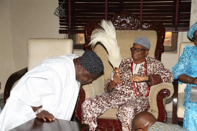 Hon Ladi Adebutu receives royal blessings from the Olowu of Owu Kingdom, Oba Adegboyega Dosunmu, Amororo II (CON)