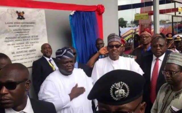 President Muhammadu Buhari commissions Ikeja Bus Terminal during visit to Lagos - In the pix are Governor Akinwunmi Ambode and Others