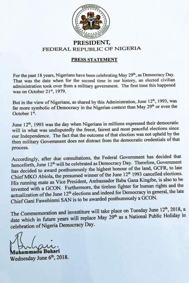 Federal Republic of Nigeria Press Statement on June 12 as Democracy Day