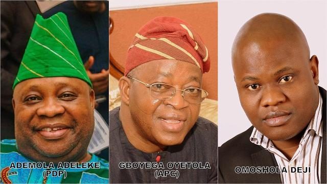 PDP’s Ademola Adeleke and APC’s Gboyega Oyetola with Analyst Omoshola Deji