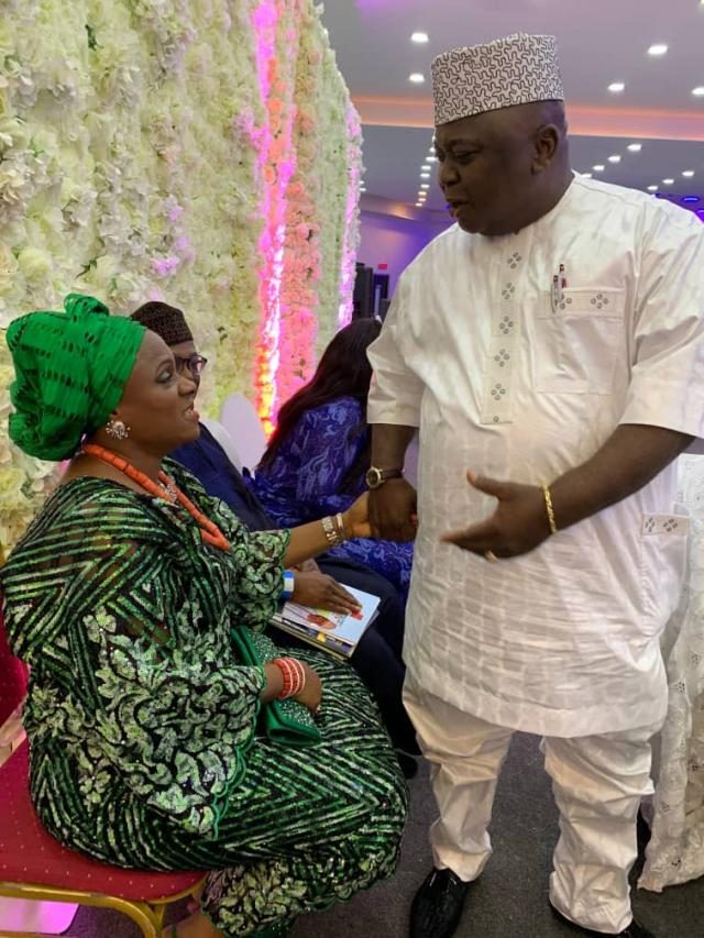 Hon Ladi Adebutu exchanges pleasantries with his House of Reps successor, Otunba Adewunmi Onanuga...assures her of his support.