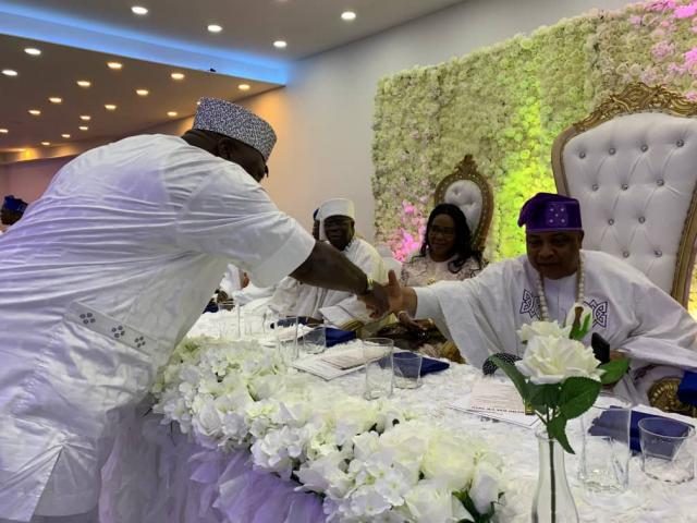 Hon. (Dr) Oladipupo Adebutu exchanging pleasantries with the Akarigbo of Remoland HRM Oba Ajayi at the event