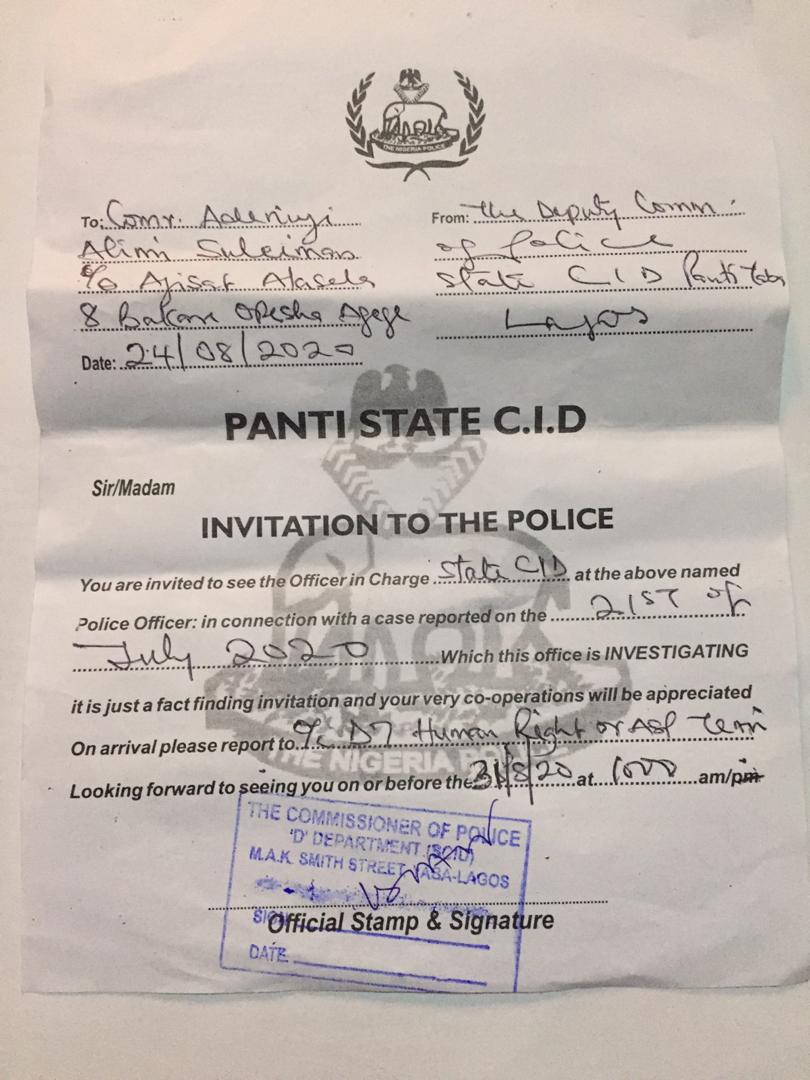 Invitation of Comrade Adeniyi Alimi Suleiman by Police CID - 24th August 2020