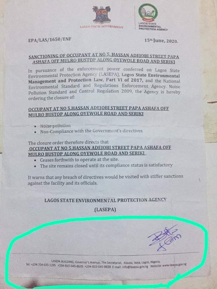 LASEPA Sanctioning Letter for 5 Hassan Adejob Street, Papa Ashafa, Lagos 15th July 2020