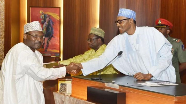 Professor Mahmood Yakubu with President Muhammadu Buhari