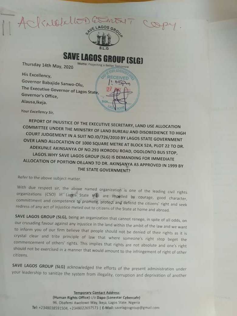 Save Lagos Group's Letter to Governor Babjide Sanwo-Olu - Page1