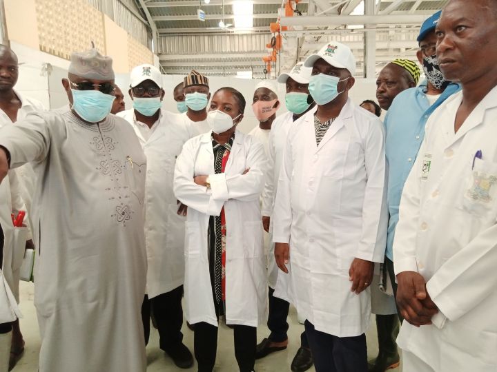 Lagos State Commissioner for Agriculture, Ms. Abisola Olusanya with others at a new semi-mechanised abattoir for cow and goat in Bariga