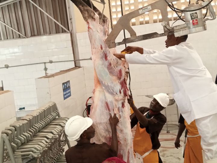Workers in action at a new semi-mechanised abattoir for cow and goat in Bariga