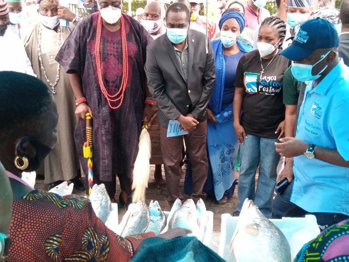 Deputy Governor of Lagos, Dr Obafemi Hamzat with the State Commissioner for Agriculture, Ms Abisola Olusanya and other dignatories at Y2020 Edition of the Lagos Seafood Festival held at the Muri Okunola Park, Victoria Island