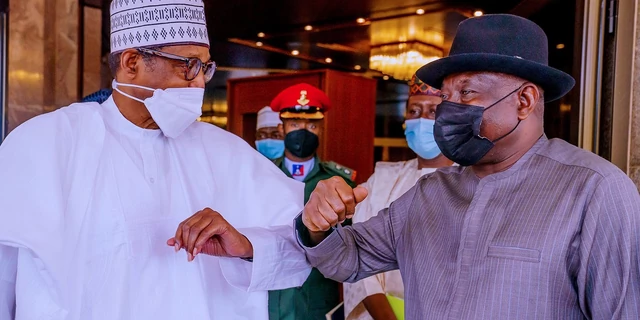 Jonathan Briefs Buhari On Mali Crisis 1 President Muhammadu Buhari and former President Goodluck Jonathan at Aso Rock