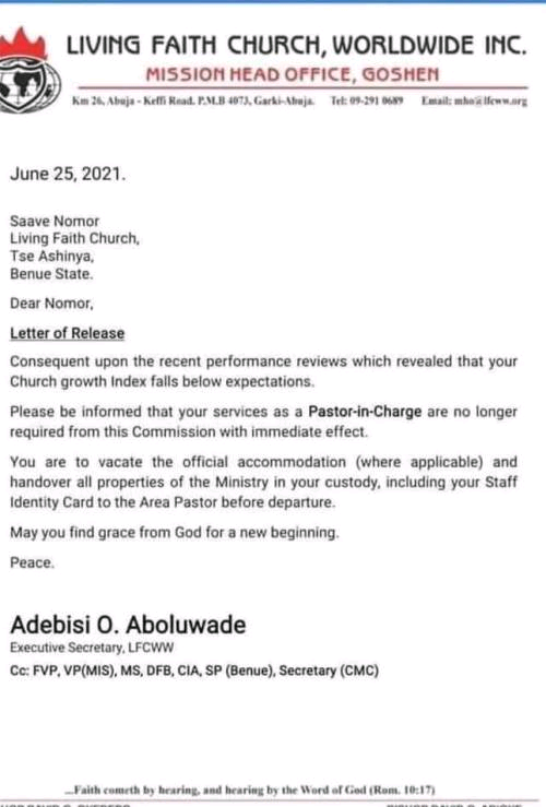 Winners Chapel Sack Letter