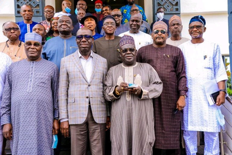 2023: Atiku, Obaseki Meet On How PDP Can Kick APC Out Of Power 1 First from left Atiku, Obaseki and PDP chieftains in Benin on Monday