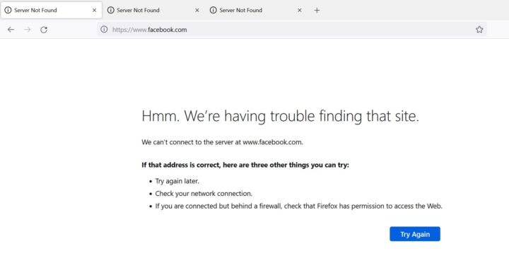 Facebook website not reacheable today 4th October 2021