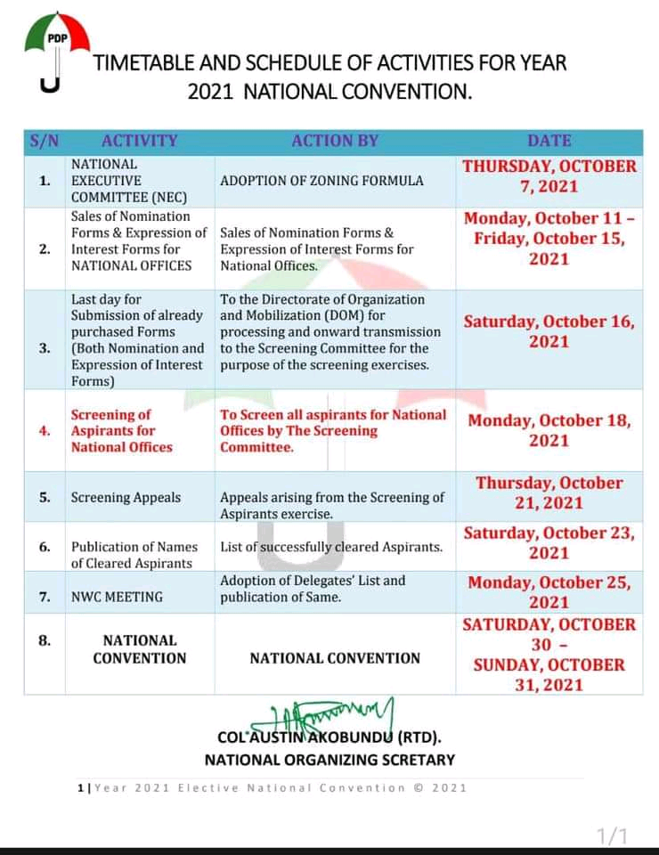 Time Table, Schedule Of Activities For Year 2021 PDP National Convention