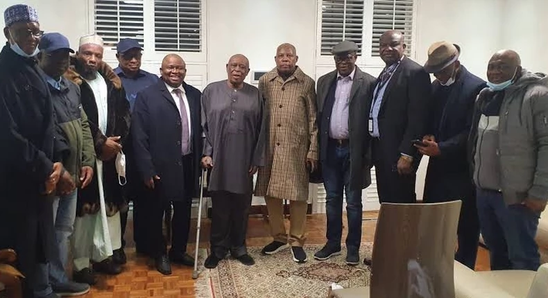 Olusegun Osoba flanked by Senators that flew to London to wish him quick recovery from knee surgery