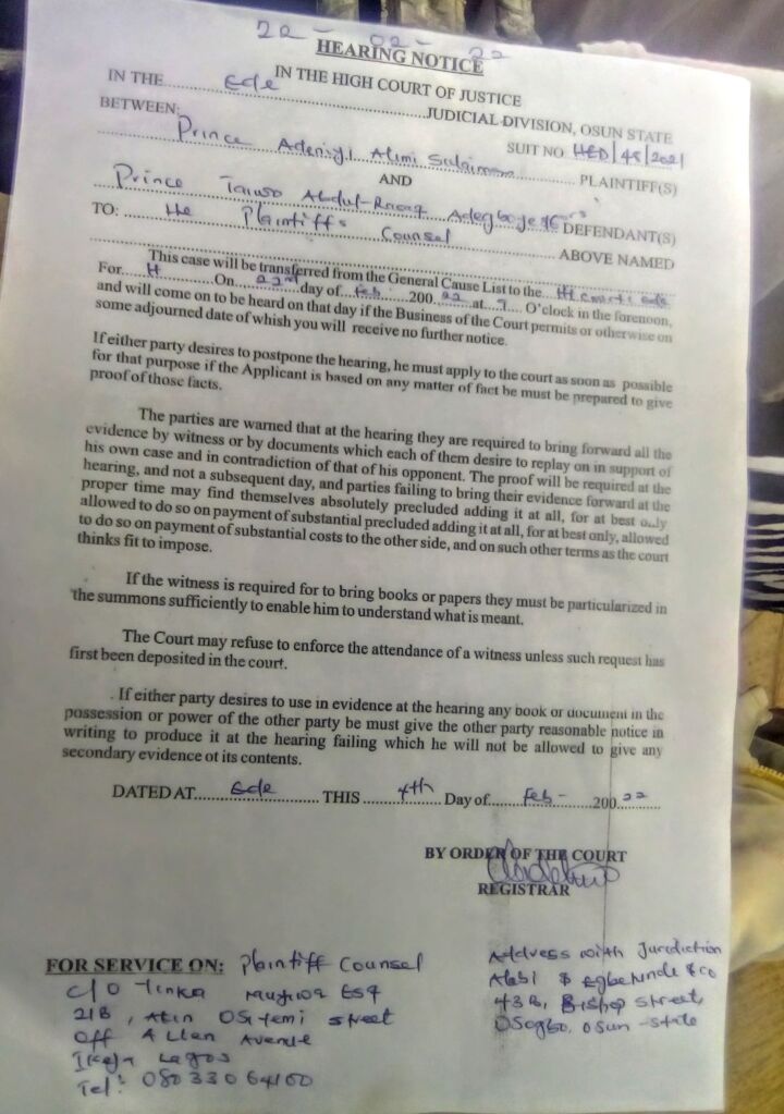 Osun High Court Hearing Notice over Taiwo Adegboye Installation