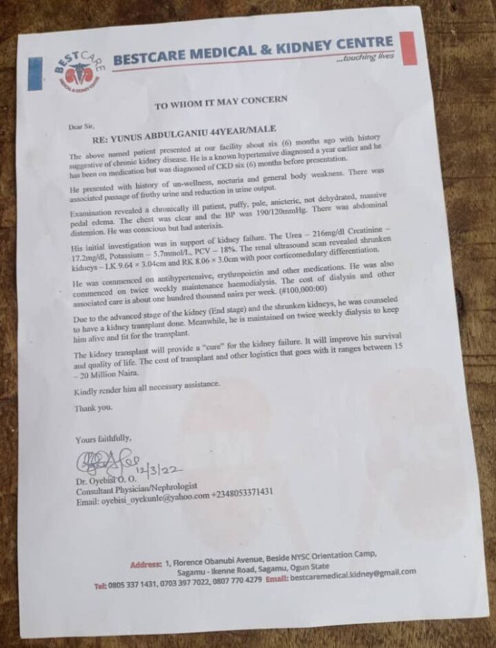 Call for Help To Support AbdulGaniyu Yunus' Kidney Transplant 5 Bestcare Medical & Kidney Centre Referral Letter for AbdulGaniyu Yunus