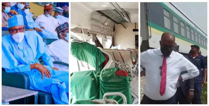 Inset - President Muhammadu Buhari, Victim of Abuja-Kaduna Train Attack, and Transportation Minister Rotimi Amaechi