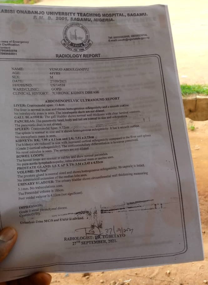 Call for Help To Support AbdulGaniyu Yunus' Kidney Transplant 4 OOUTH Radiology (Abdominopelvic Ultrasound) Report for AbdulGaniyu Yunus