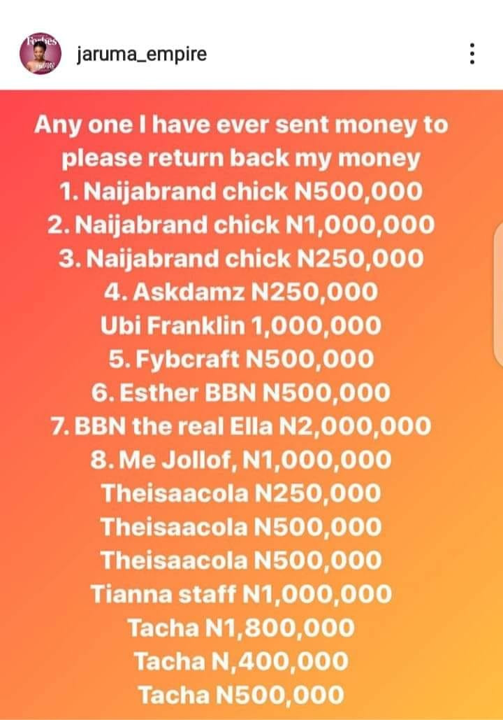 Tacha, Ubi Franklin Must Return The Money I Sent Them – Jaruma 2 Jaruma