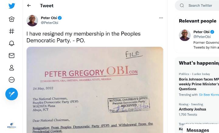Elections 2023: Peter Obi resigns from PDP and withdraws from its Presidential Primary 1 Peter Obi resigns from PDP and withdraws from Presidential Primary
