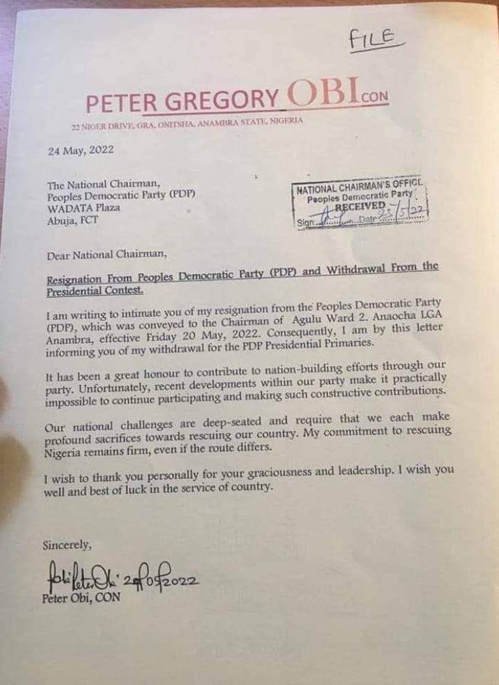 Elections 2023: Peter Obi resigns from PDP and withdraws from its Presidential Primary 2 Peter Obi withdraws from PDP Presidential Primary