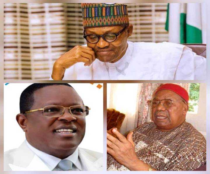 Ebonyi Visit: Chief Eze wept after Ex-Aviation Minister's Plea to President Buhari 1 President Muhammadu Buhari, Ebonyi State Governor Dave Umahi, and Ex-Aviation Minister in the First Republic Chiief Mbazulukike Amechi
